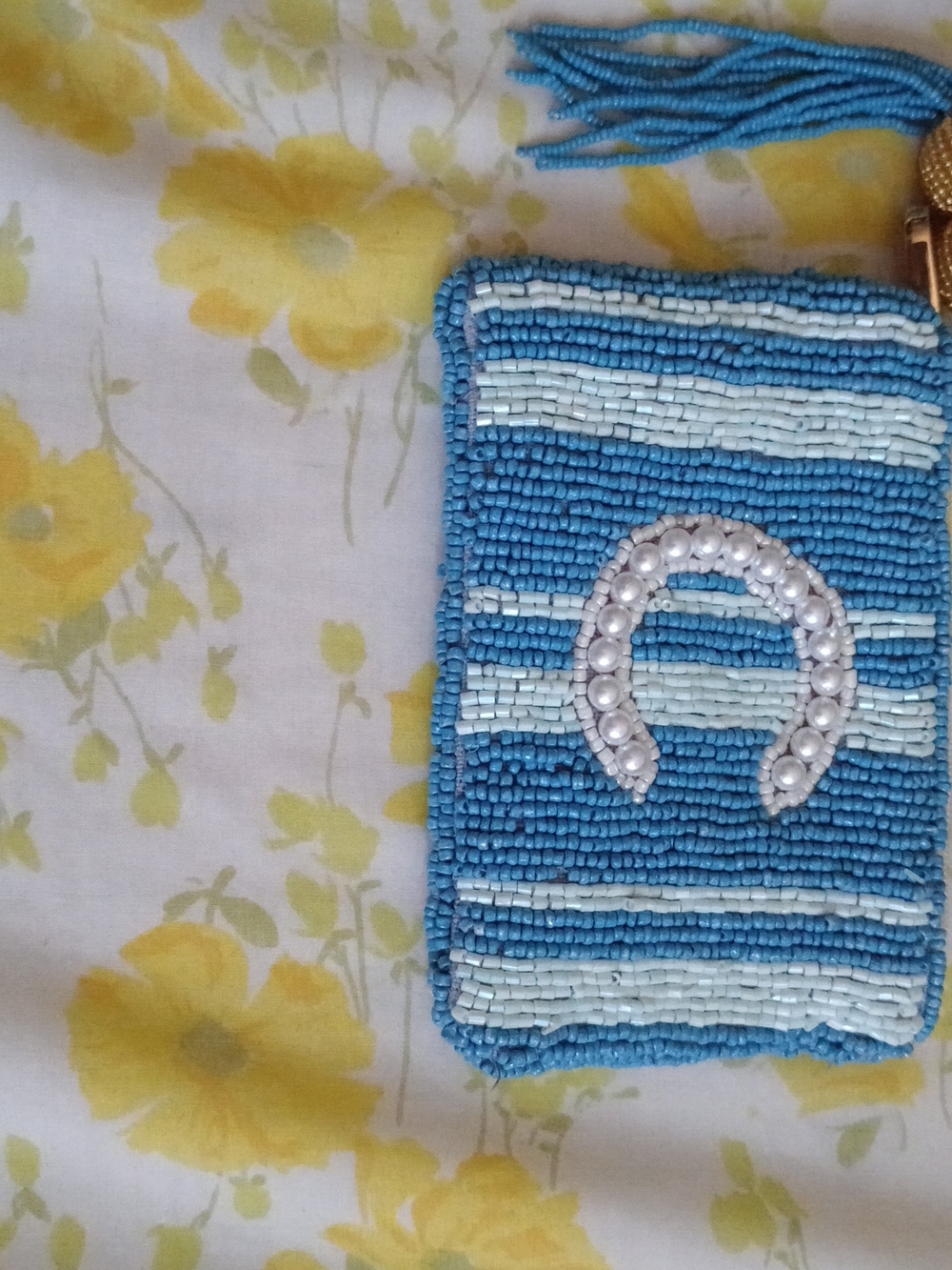 Beaded Blue Striped Wristlet with Pearl Horseshoe Accent
